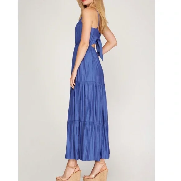 Boho Blue Tiered Open Back Maxi Dress - Picture 3 of 5